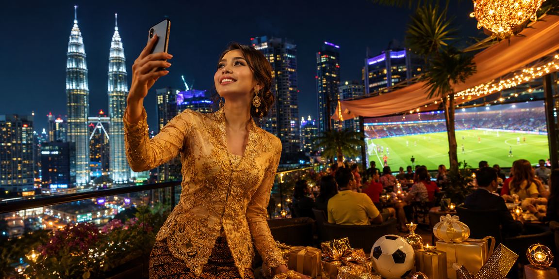 Pengguna wanita berbaju kebaya membuat pertaruhan bola sepak di Petaling Jaya dengan telefon pintar